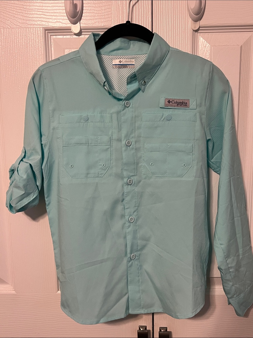 EUC Youth Columbia PFG Light Aqua Button-Up Fishing Shirt Size M (10-12)